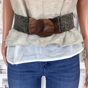 Wood Buckle & Gunmetal Silver Beaded Elastic Belt